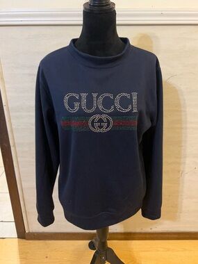 Designer Inspired Navy Crewneck Sweatshirt with Rhinestone Vintage Logo